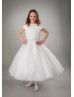 Cap Sleeves Ivory Lace Tulle Tea Length Flower Girl Dress